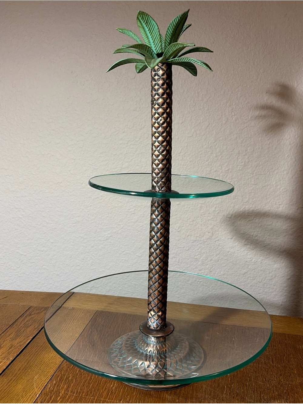 VTG Tropical Palm Tree 2 Tier Bronze Metal Glass Cupcake Tidbit Display Tray